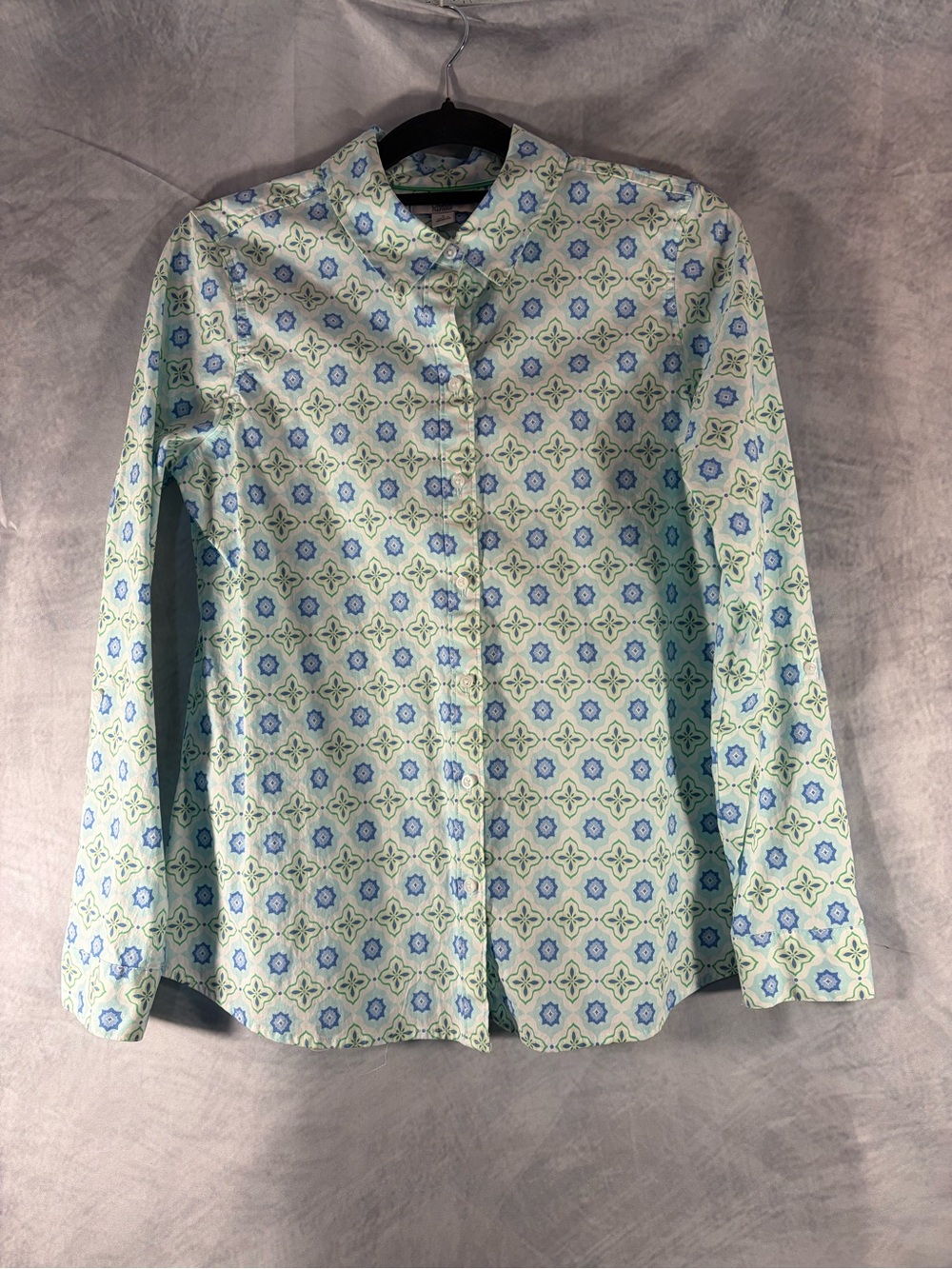 Croft & Barrow Geometric Button Front Blouse Women Small Blue Green Long Sleeve